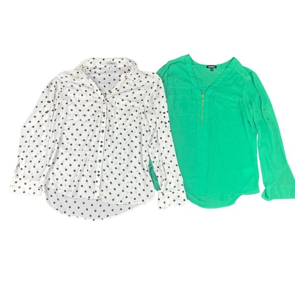 Express Lot Of 2 Blouses Shirts Black White Polka Dot Portofino Green Women's M - Picture 1 of 16